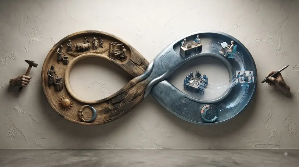 Artistic symbol of remote work evolving from craftsmanship to modern home office