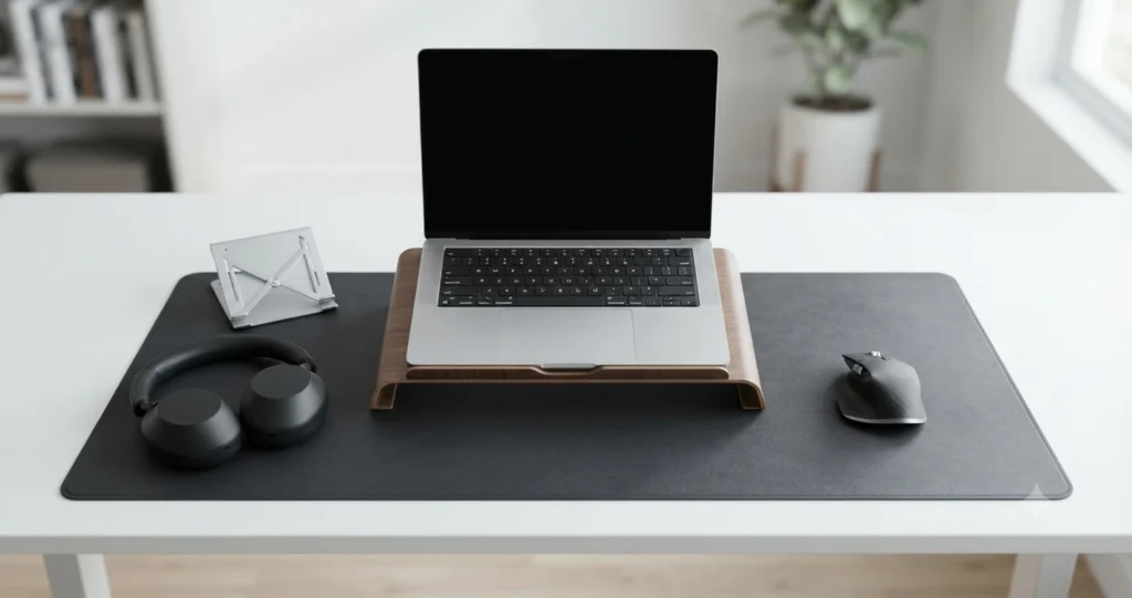 Remote work setup with laptop, ergonomic mouse, headphones, and laptop stand on a modern desk